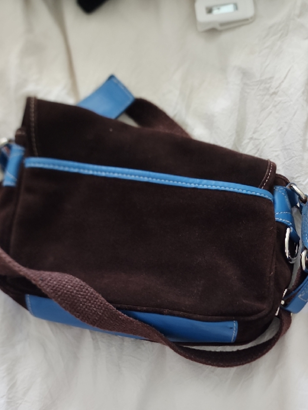 Brown Suede Crossbody Bag with Blue Trim - Picture 9 of 14